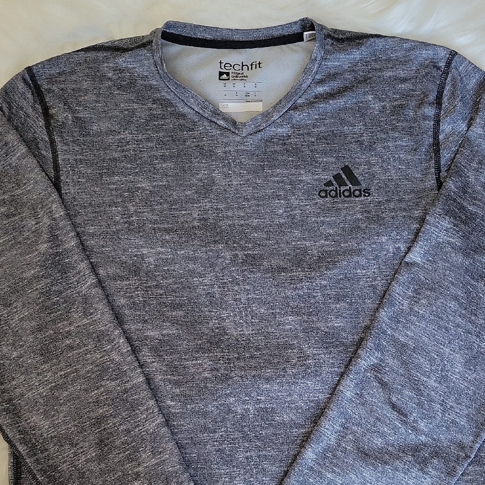 adidas Heathered Gray Techfit V‑Neck Long Sleeve Top